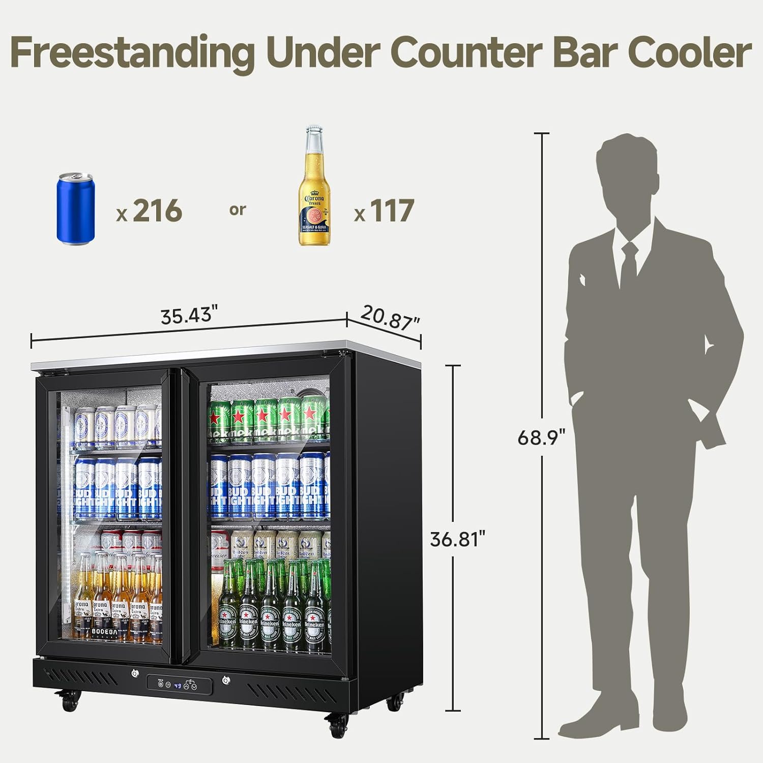 BODEGACOOLER Back Bar Cooler with 2 Glass Doors,7.7 Cu.ft Commercial Bar Beverage Refrigerator Under Counter LED Lighting for Soda Drinks,Beer,Wine with Stainless Steel Top,DOE Approved,4 Casters
