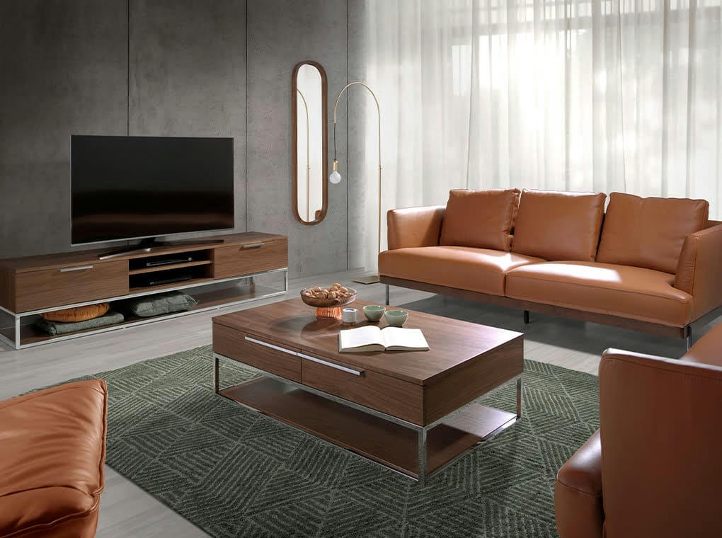 - Table effet bois noyer et acier chromé 120 x 70 x 37 cm.