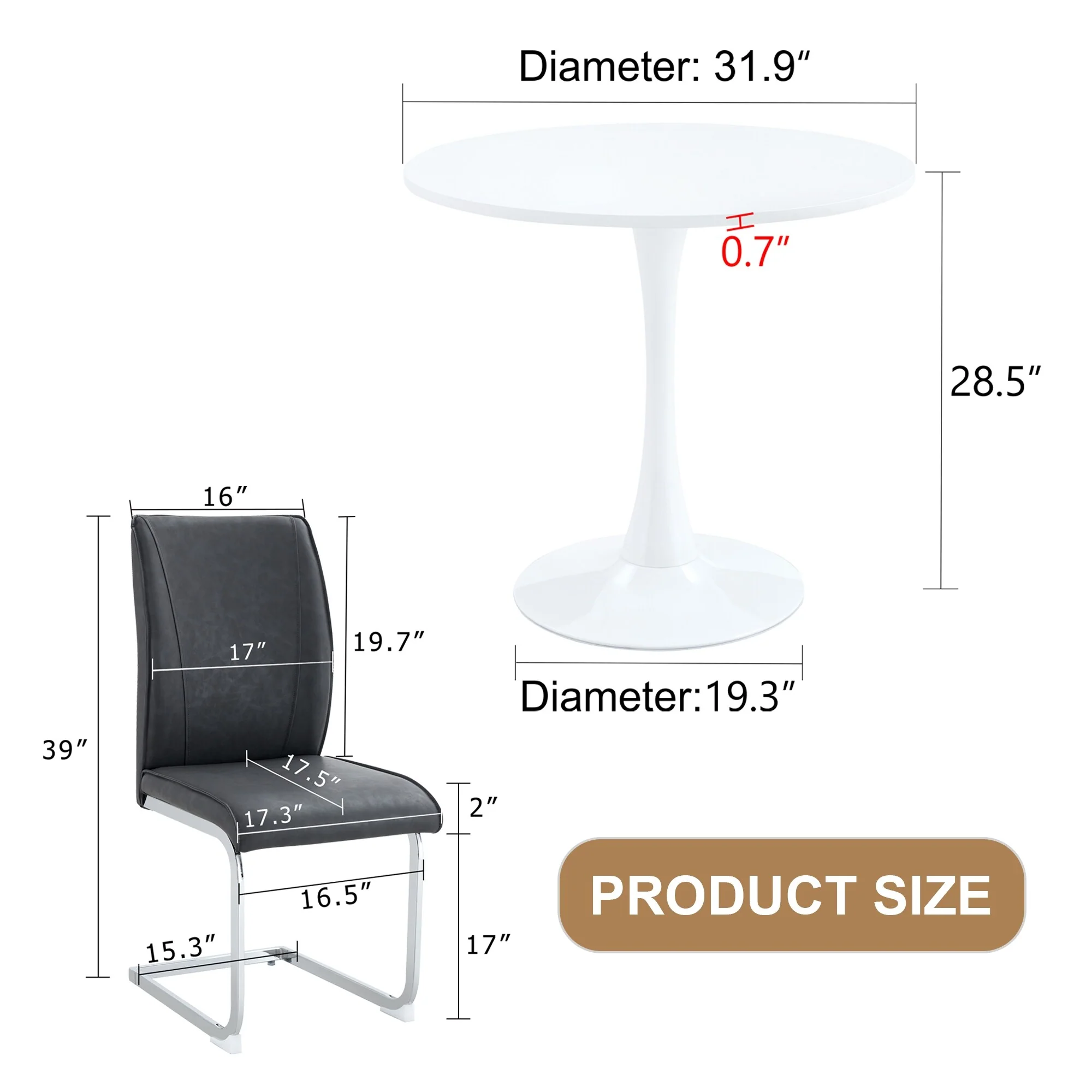 Table and chair set,Hourglass-Shaped Stable Small Round Table With 2 Soft and Comfortable PU Chair With Arched Metal Leg