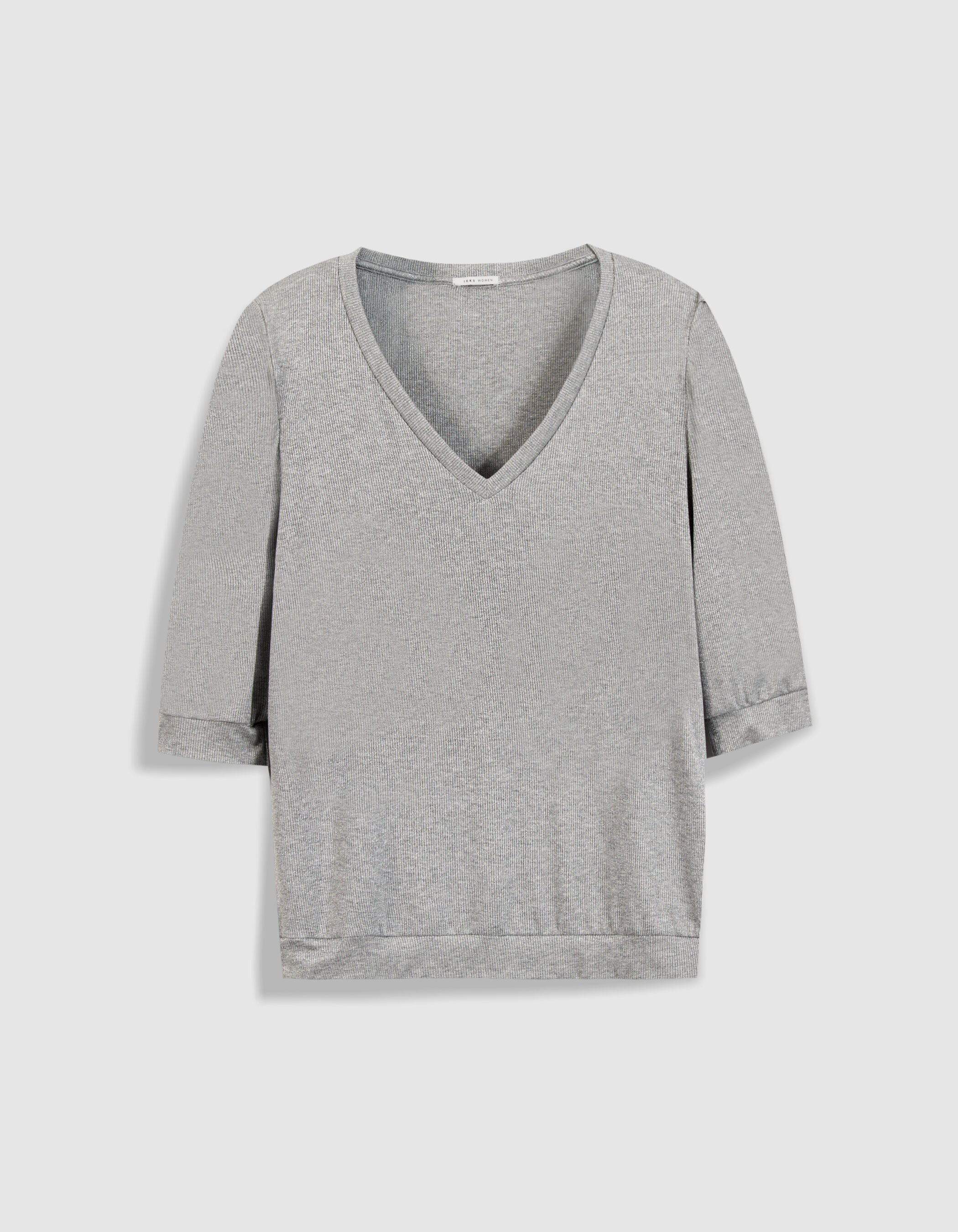 Tee-shirt col V argenté maille côtelée à épaulettes Femme