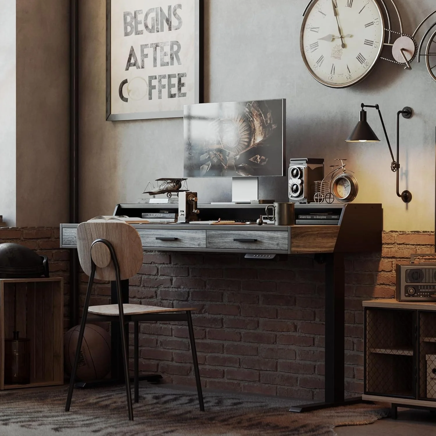 FEZIBO Electric Standing Desk with Drawers, Standing Desk Adjustable Height, Stand Up Desk with Monitor Shelf