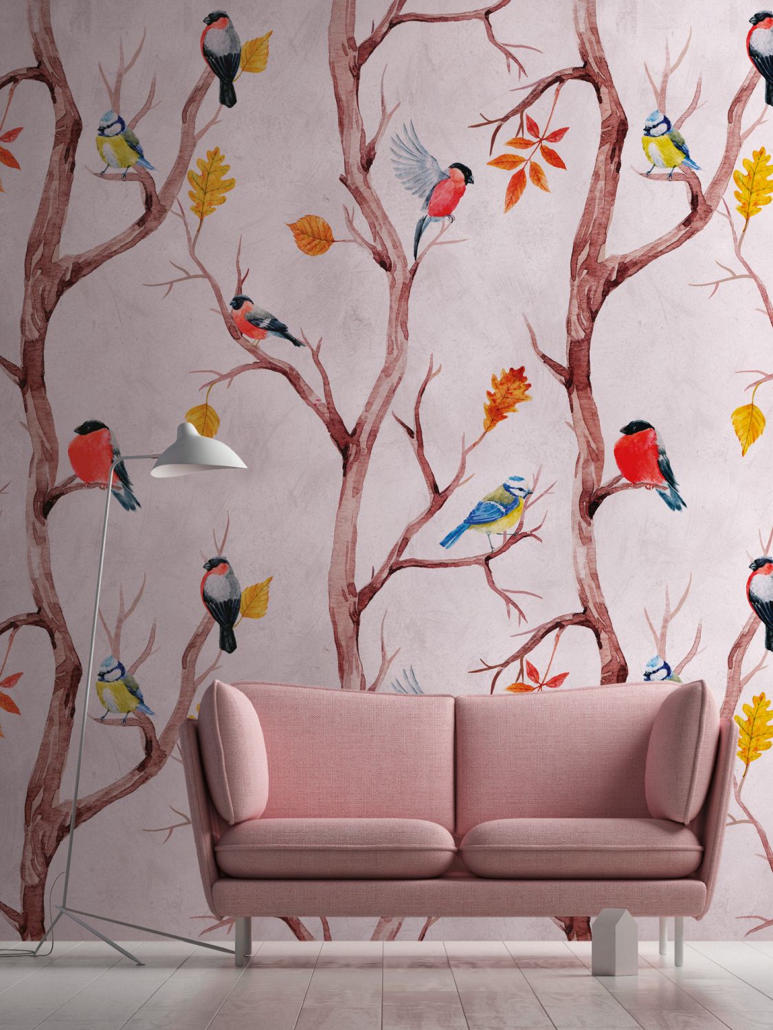 One Wall one Role fotobehang vogels in de natuur roze, bruin, geel, oranje en blauw - 159 x 280 cm - AS-382301