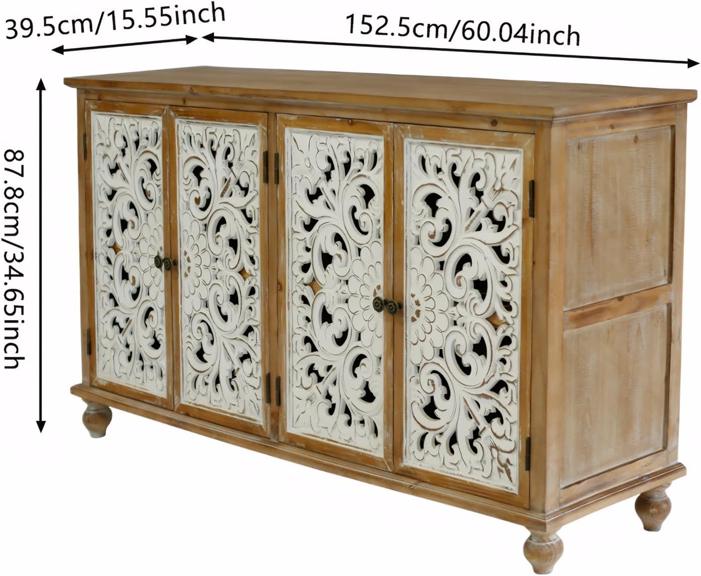 Hand-Carved Wood Buffet Cabinets - Solid Wood Storage Cabinet,Entry Way Cabinet with Storage for Living Room & Kitchen,Dining Room Storage Cabinet with Doors and Shelves