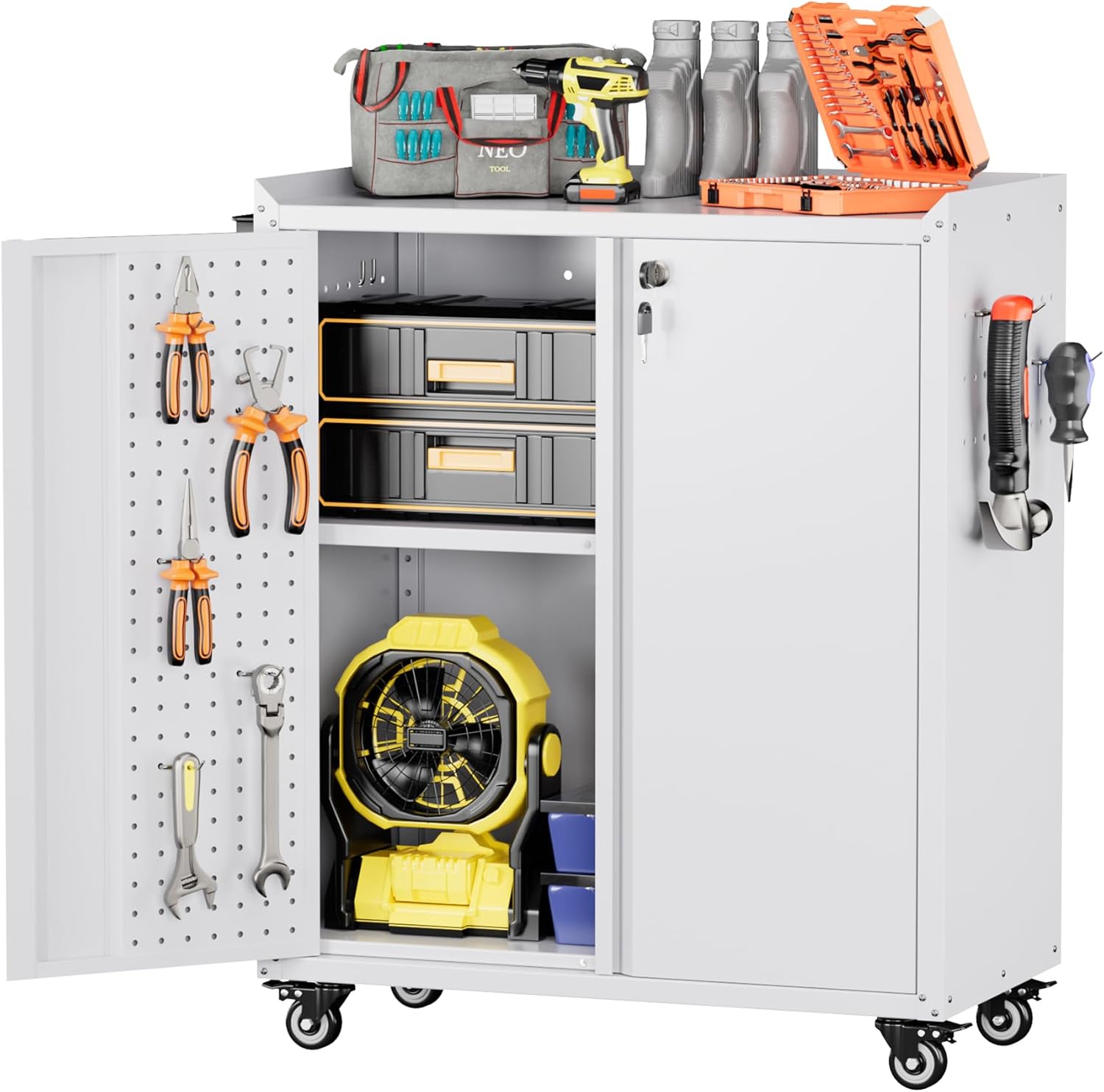 Garage Storage Cabinet with Wheels,Lockable Metal Storage Cabinet on Wheels, Pegboard for Garage Home Warehouse, Assembly Required, White,13.8 D x 26 W x 31.5 H