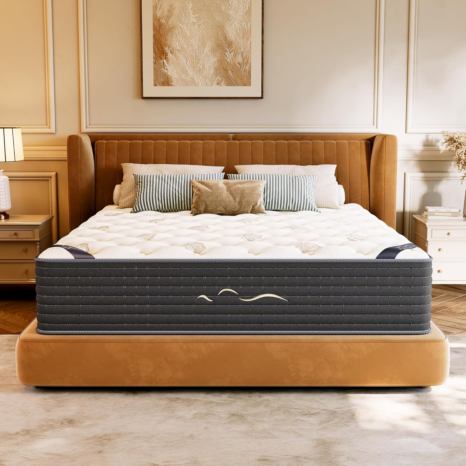 TXO 14 Inch Cashmere Hybrid Queen Mattress in a Box, Dual-Sided Medium Firm & Firm, Cooling Gel Memory Foam Mattress, Pocket Springs for Motion Isolation, Pressure Relief, CertiPUR-US Certified