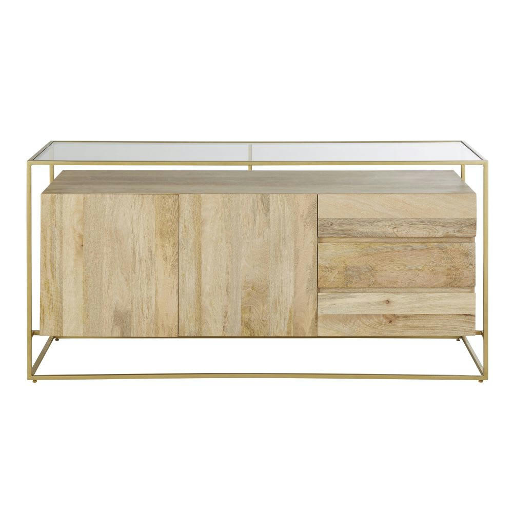 Connor - Buffet 2 portes 3 tiroirs en verre et métal coloris laiton