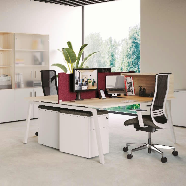 CINETIC A - Bureau bench plateau mélamine acacia et pieds acier blanc