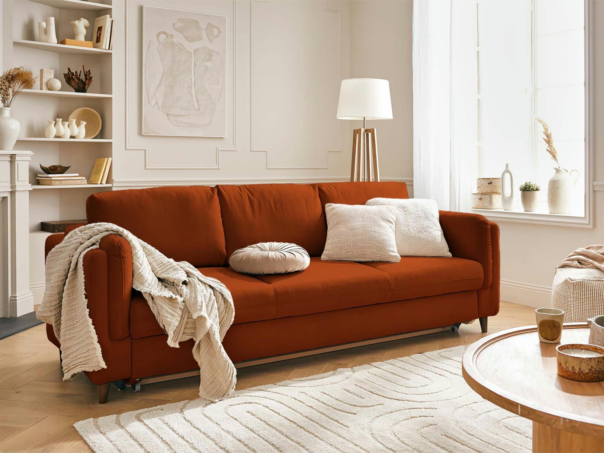 BROOKE - Canapé droit convertible 3 places en velours rouille