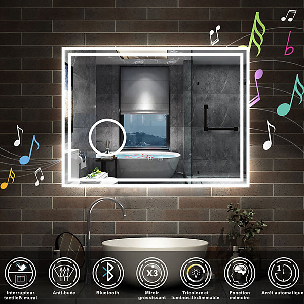 Miroir salle de bain Bluetooth 80x60cm tricolore avec loupe 3x, dimmable, mémoire et anti-buée, IP44 Miroir LED, AICA SANITAIRE