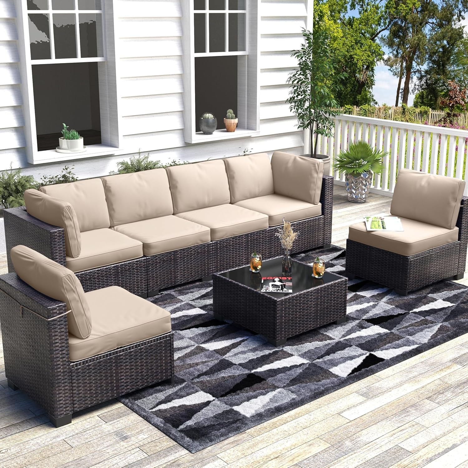 7 Piece PE Rattan Patio Conversation Set, All Weather Wicker Outdoor
