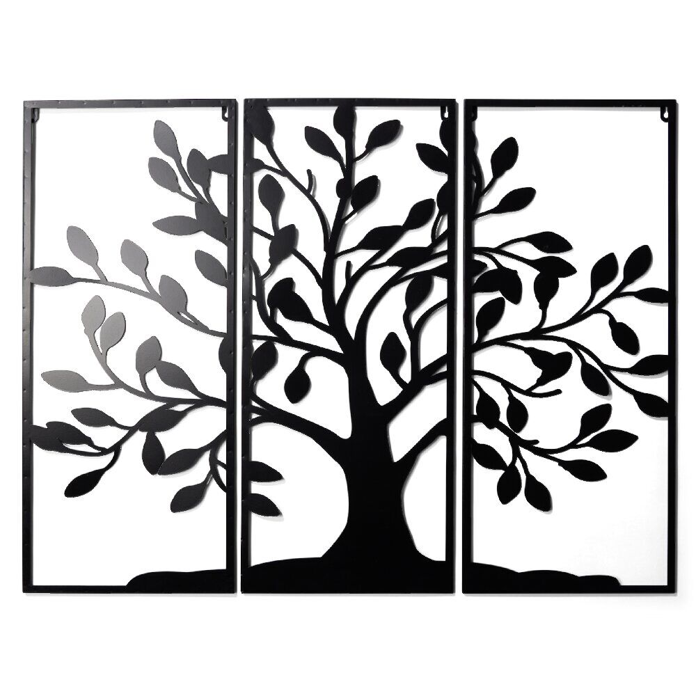Arbre de vie triptyque décoration murale en métal noir L90xH70cm