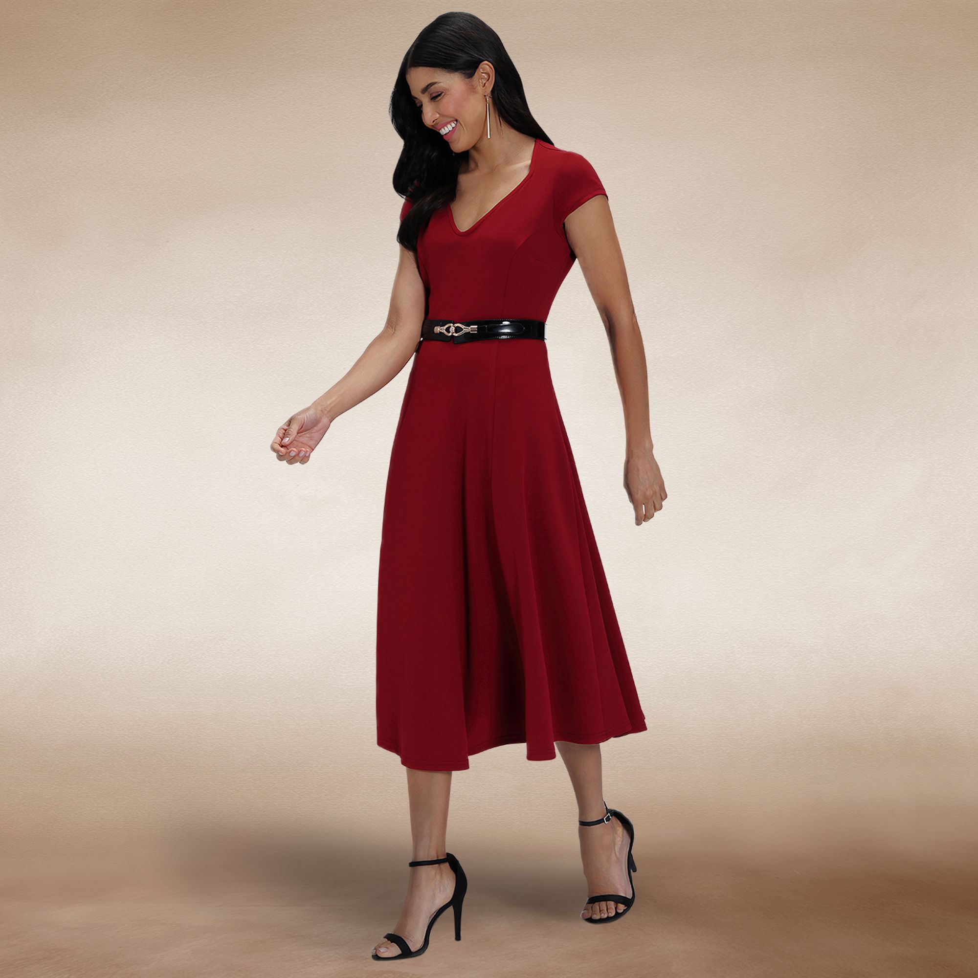 Hot Squash A Line Midi Dress with Cap Sleeves