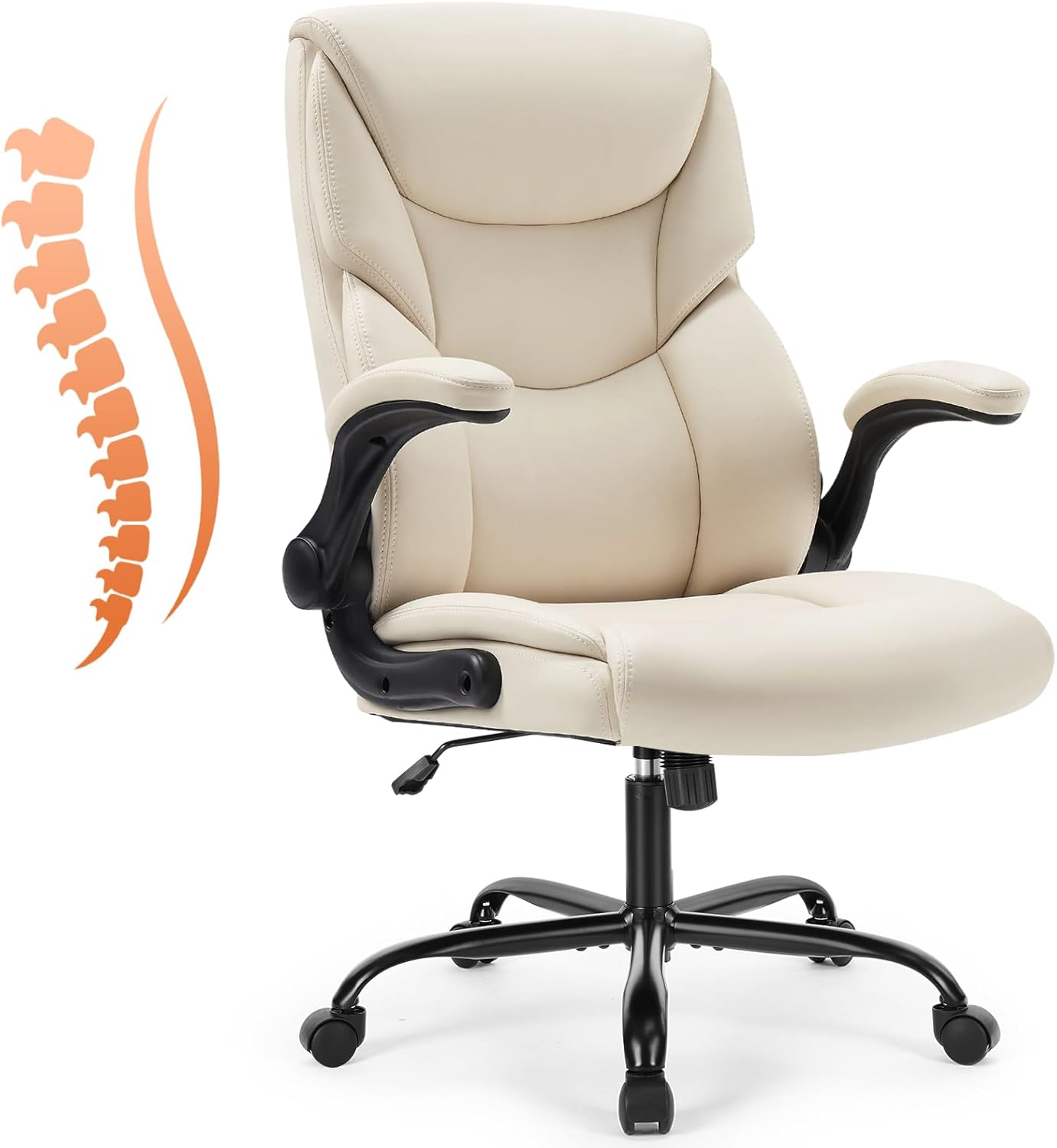 Sweetcrispy Ergonomic Office Chair Heavy Duty Task Desk Chair with Flip-up Arms, PU Leather, Adjustable Swivel Rolling Chair with Wheels, Beige