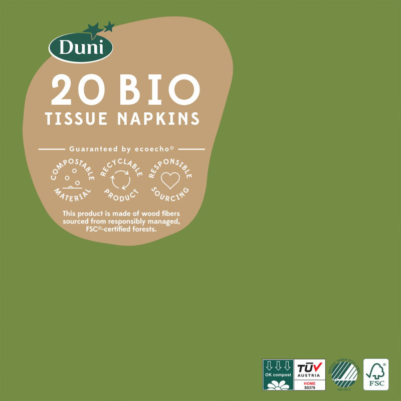 Serviette en tissu Bio 3 plis vert feuille 24 x 24 cm 20 pièces DUNI