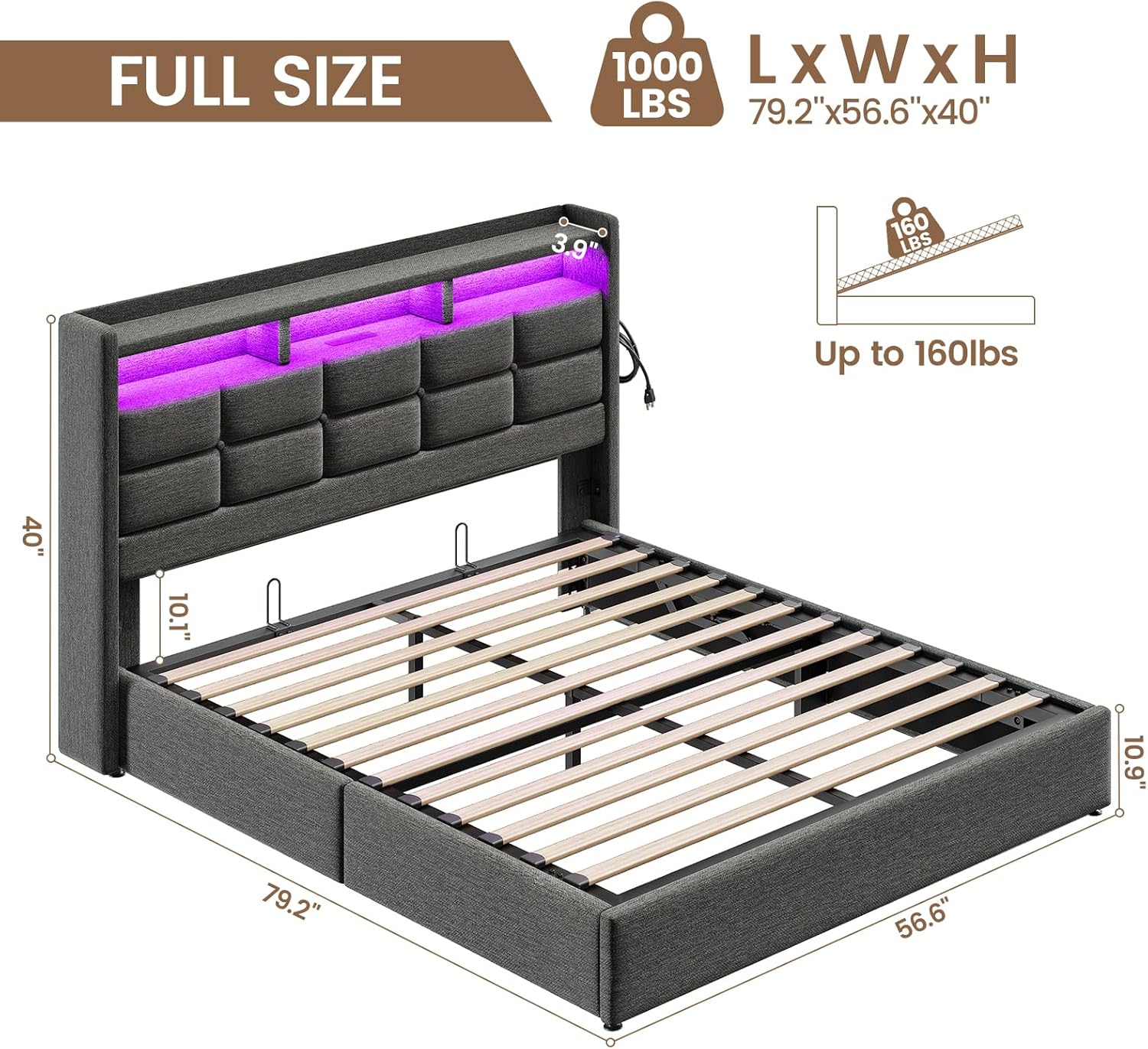 Lift Up Full Size Bed Frame with Storage, Upholstered Full Bed Frame with LED Lights Headboard and Charging Station, No Box Spring Needed, Easy Assembly - Dark Grey