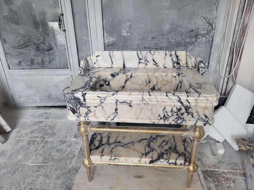 Calacatta Viola Marble Bathroom Vanity, Luxury Marble Sink, Brass Metal Vanity, Double Shelf Bathroom Console, Custom Stone Wash Basin