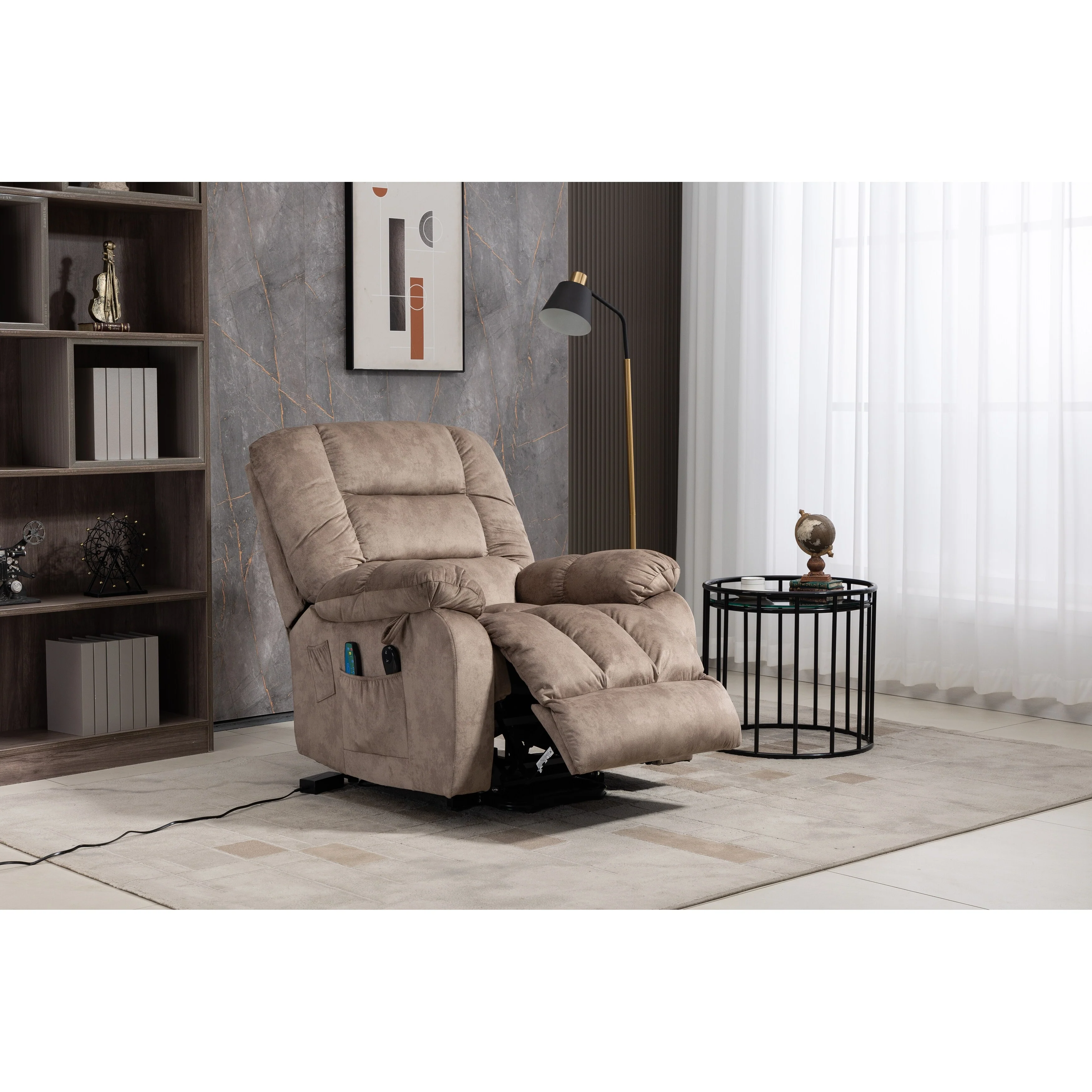 Oversized Chenille Upholstered Power Lift Recliner with 8 Point Massage & Lumbar Heating, Side Pockets