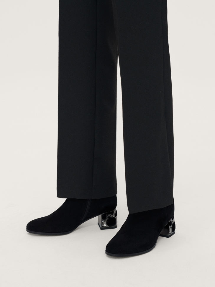 Suede boots on a wide heel decorated with large zirconia