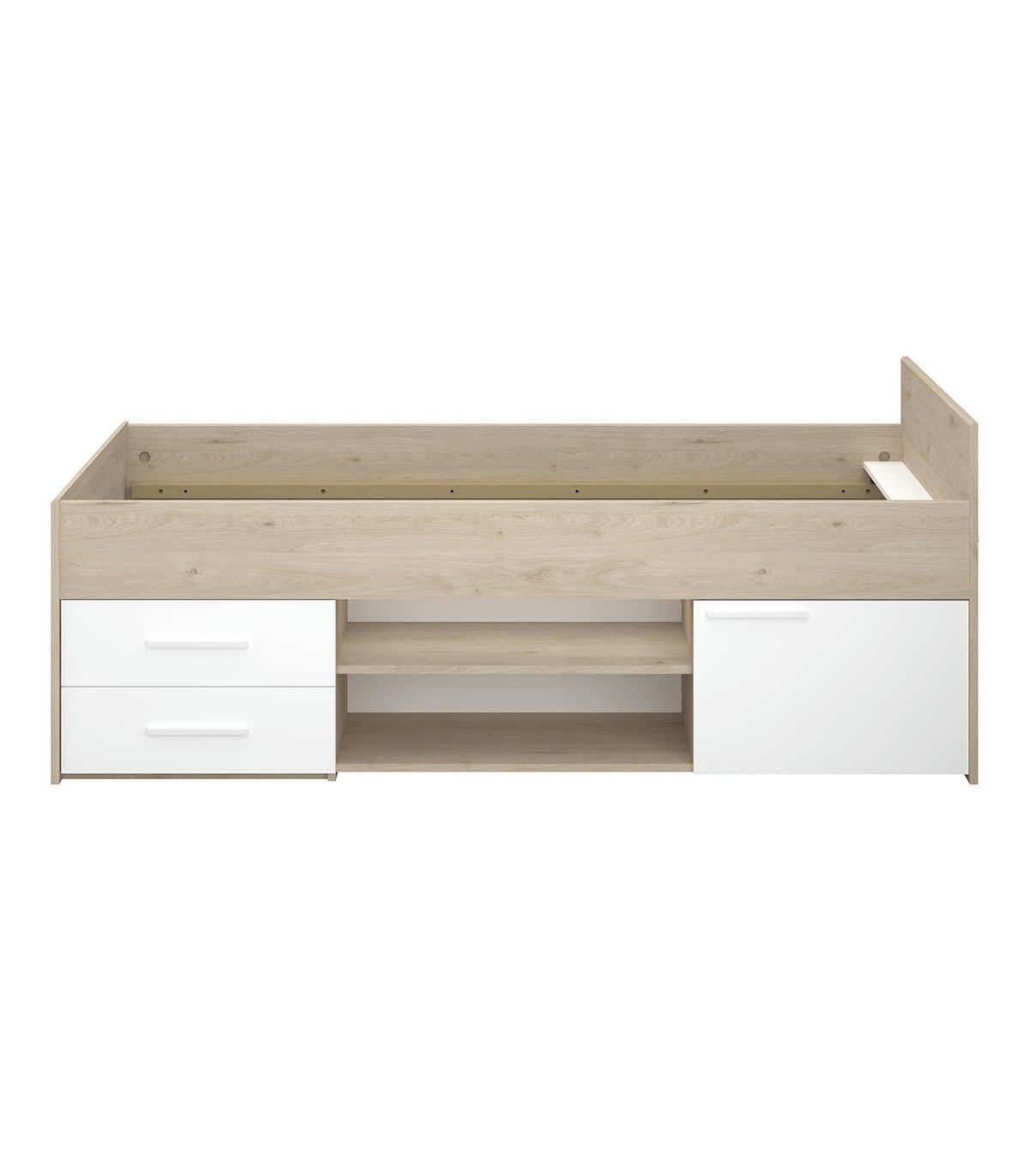 FINLAND - Lit rangement 2 Tiroirs 1 Porte - 90x190/200 cm - Décor chêne et blanc