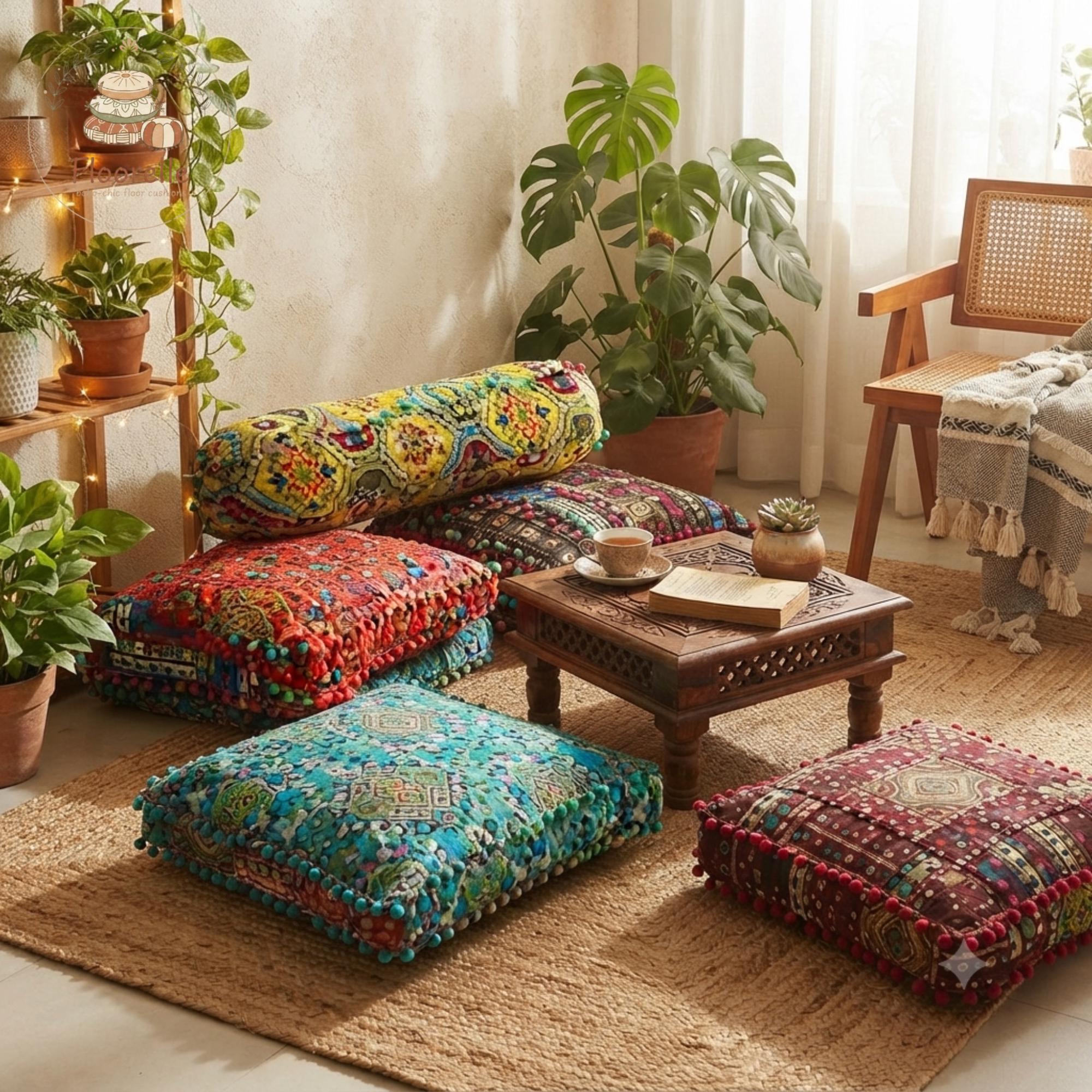 Bohemian Chair Cushion with Tassels, Soft Floor Seat Cushion, Embroidered Dining Chair Pad, Cozy Floor Pillow for Home Decor