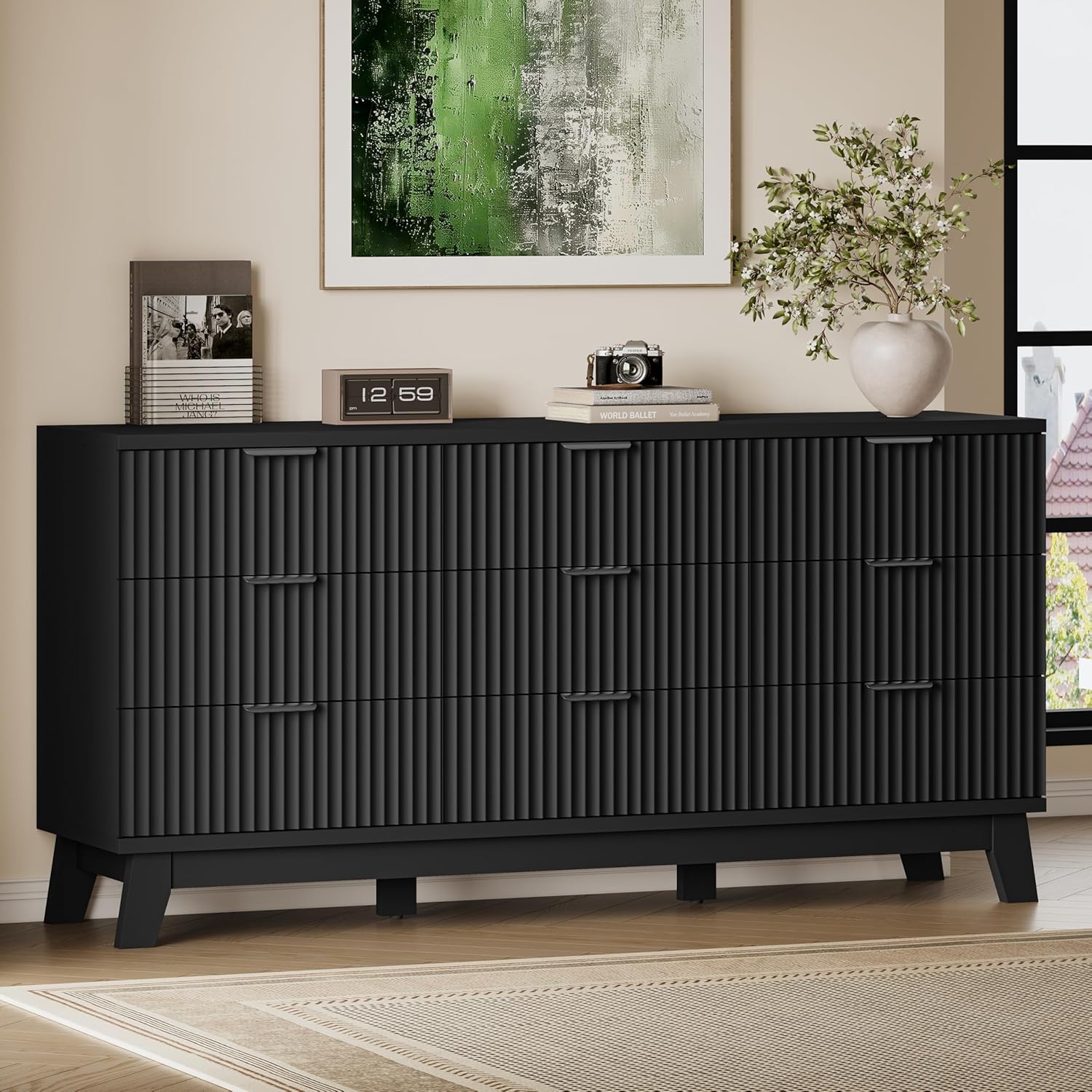 63 Long Dresser for Bedroom, 9-Drawer Fluted Dresser, Extra-Wide Wood Chest of Drawers with Smooth Metal Slides, Stable Base, Modern Clothes Storage Cabinet for Living Room, Hallway, Nursery