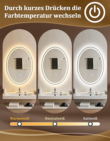 Nettlife Miroir Salle de Bain Ovale LED 50x70cm, Tactile, Antibuée, Dimmable 3000-6500K, IP44, Mural, Lumineux Design