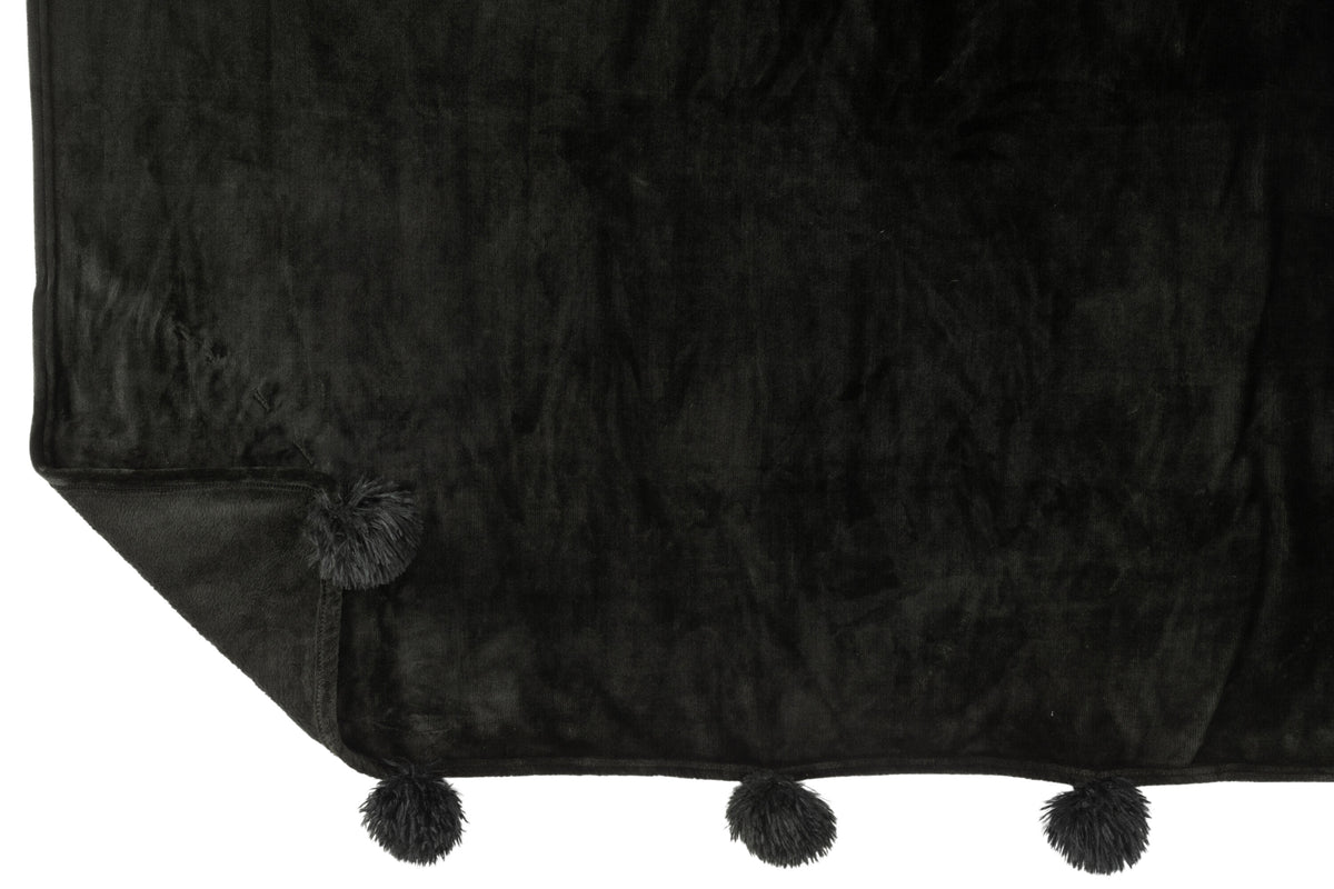 J-Line plaid Pompom - polyester - zwart - 170 x 130 cm