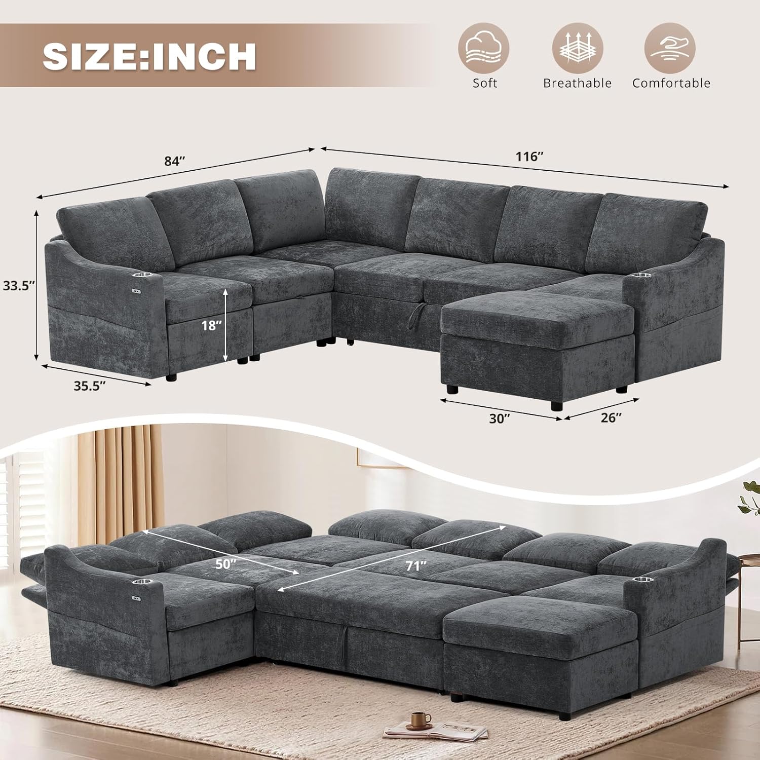 116 Chenille Modular Sofa Bed w/Adjustable Backrests, U-Shape Sleeper Sofa w/USB Ports & Storage Space, Convertible Corner Sectional Couch w/Pull Out Bed for House, Living Room, Grey