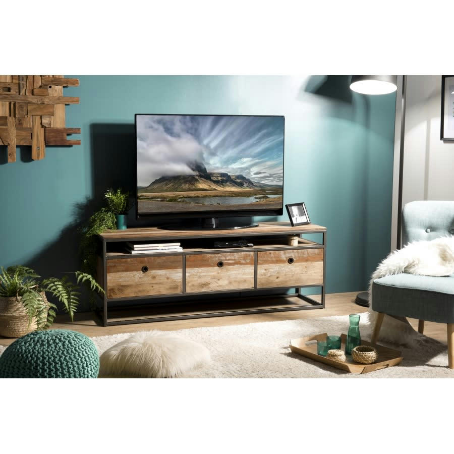 ALIDA - Meuble TV 3 tiroirs en teck recycléacacia mahogany métal noir