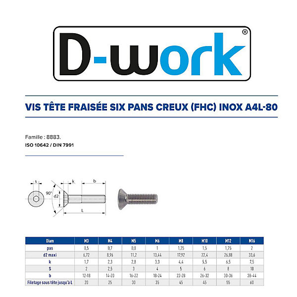 25 Vis Métaux Tête Fraisée 6 Pans Creux FHC 16 x 60 mm - DIN 7991 - Inox A4L80 - D-Work