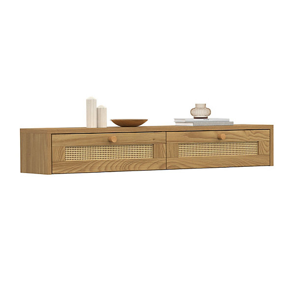 Etagère murale console d'entrée HANAE 2 tiroirs effet naturel cannage