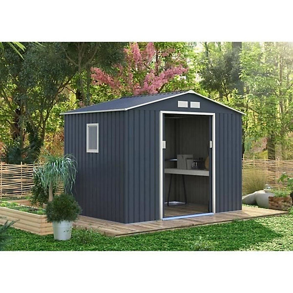 Abri de jardin en métal 5,29 m - 277 x 191 x 202 cm - VENUS Kit d'ancrage inclus, 2 portes coulissantes, 1 fenetre latérale Gris