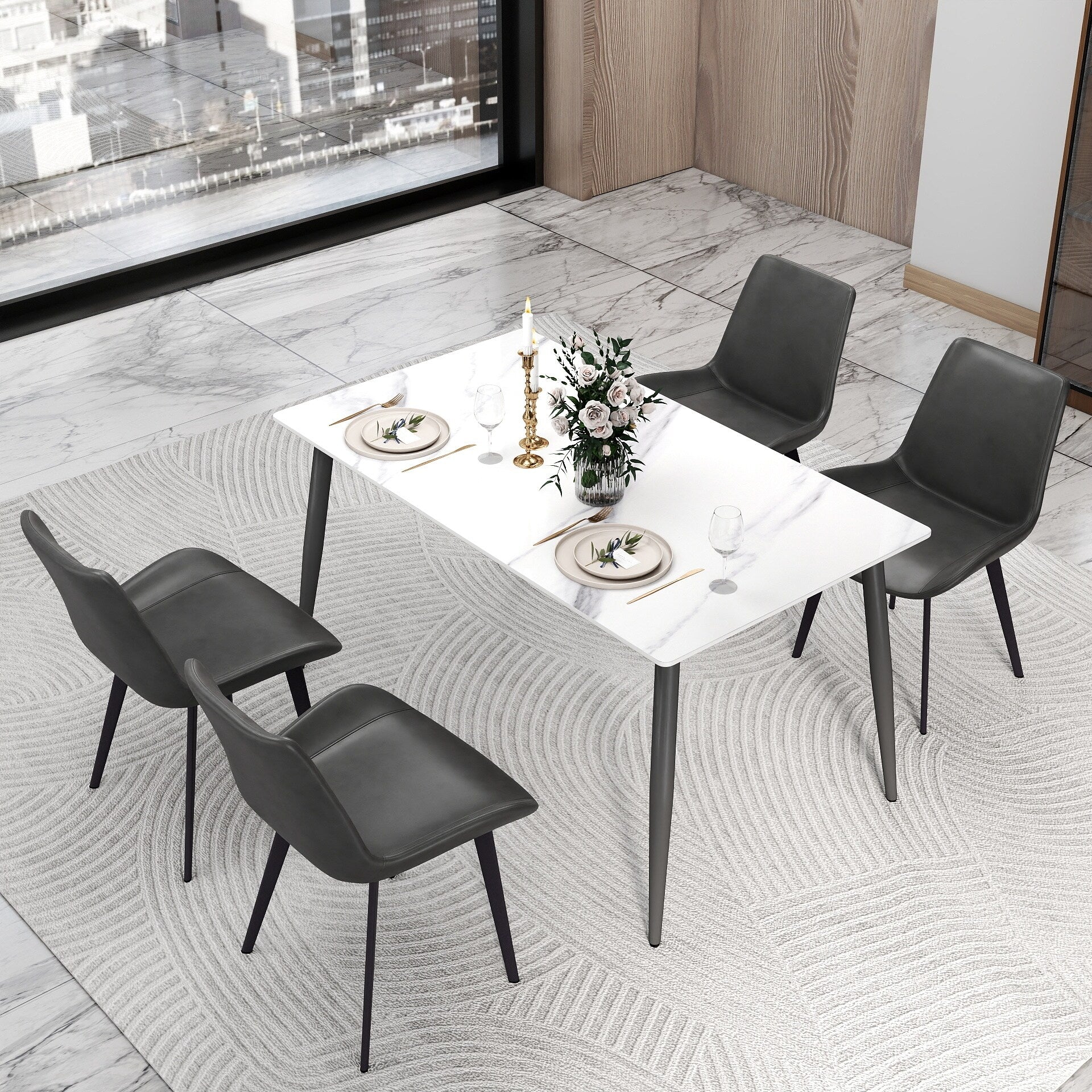 55 Rectangular White Kitchen Dining Room Table with Marble Tabletop and Metal Legs for 4 People
