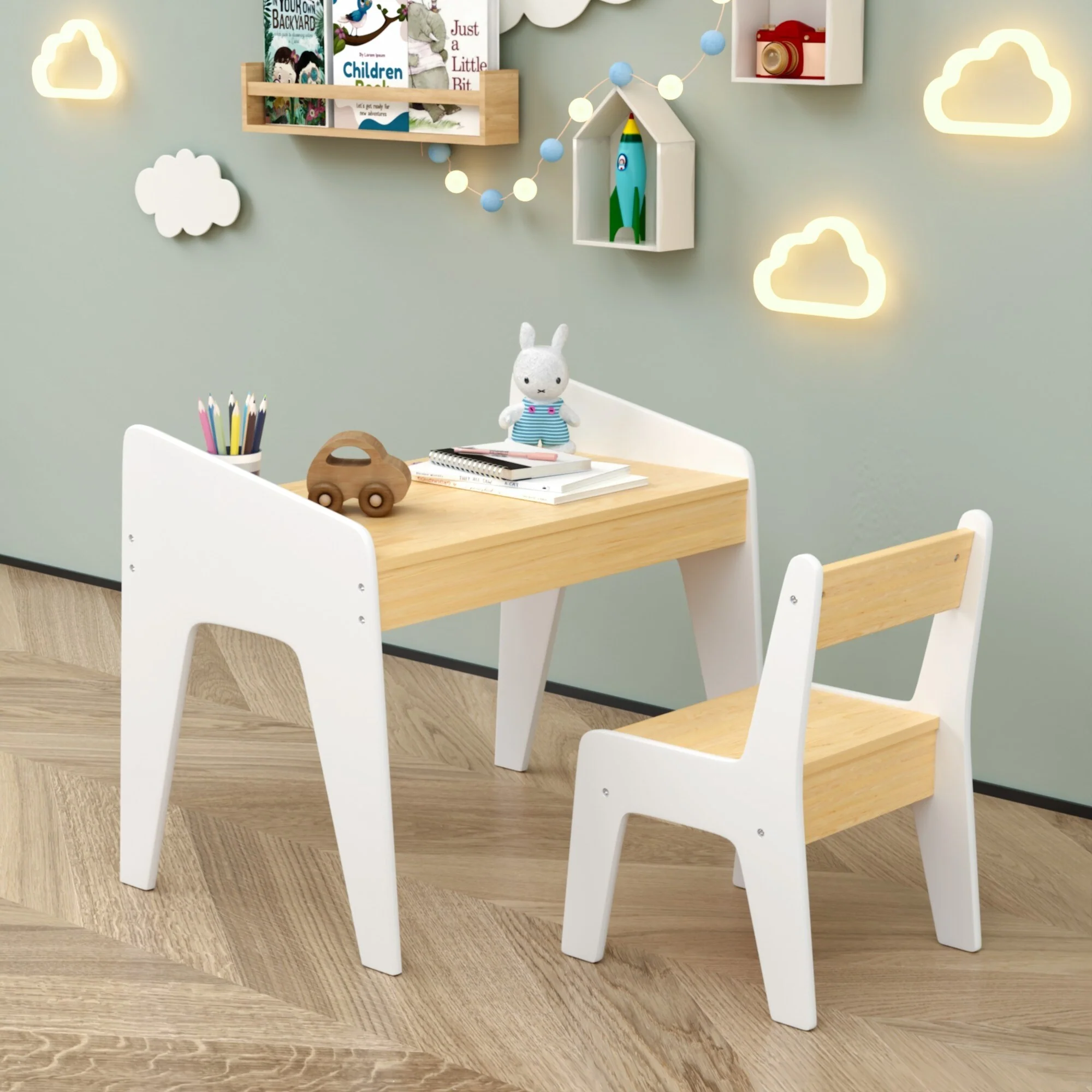 Kids Table Set with One Chair, Multifunctional Wooden Children Study Table
