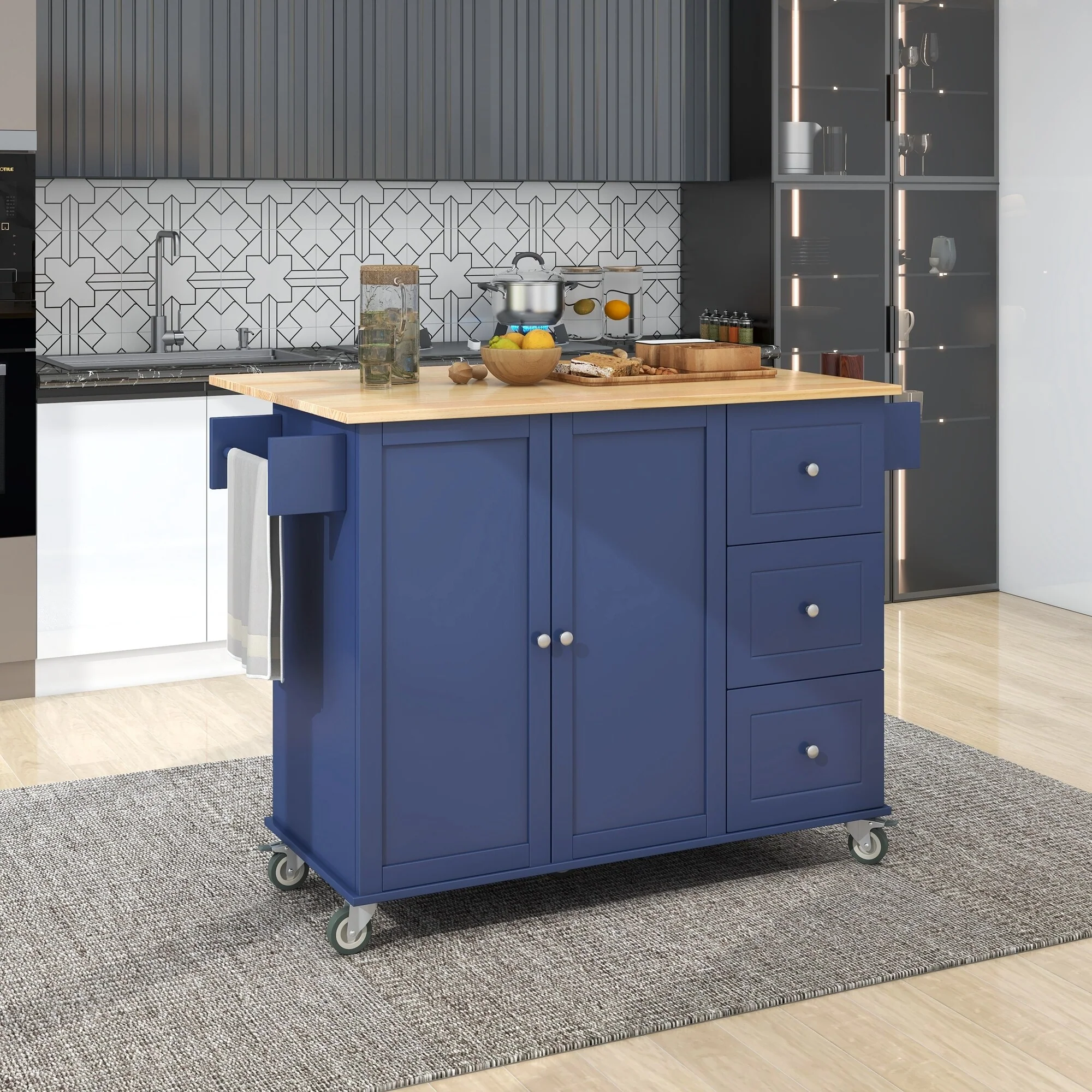 Mobile Drop Leaf Kitchen Cart on Locking Wheels with Wood Top, 52.7'' Large Storage Cabinets with Adjustable Shelves & 3 Drawer