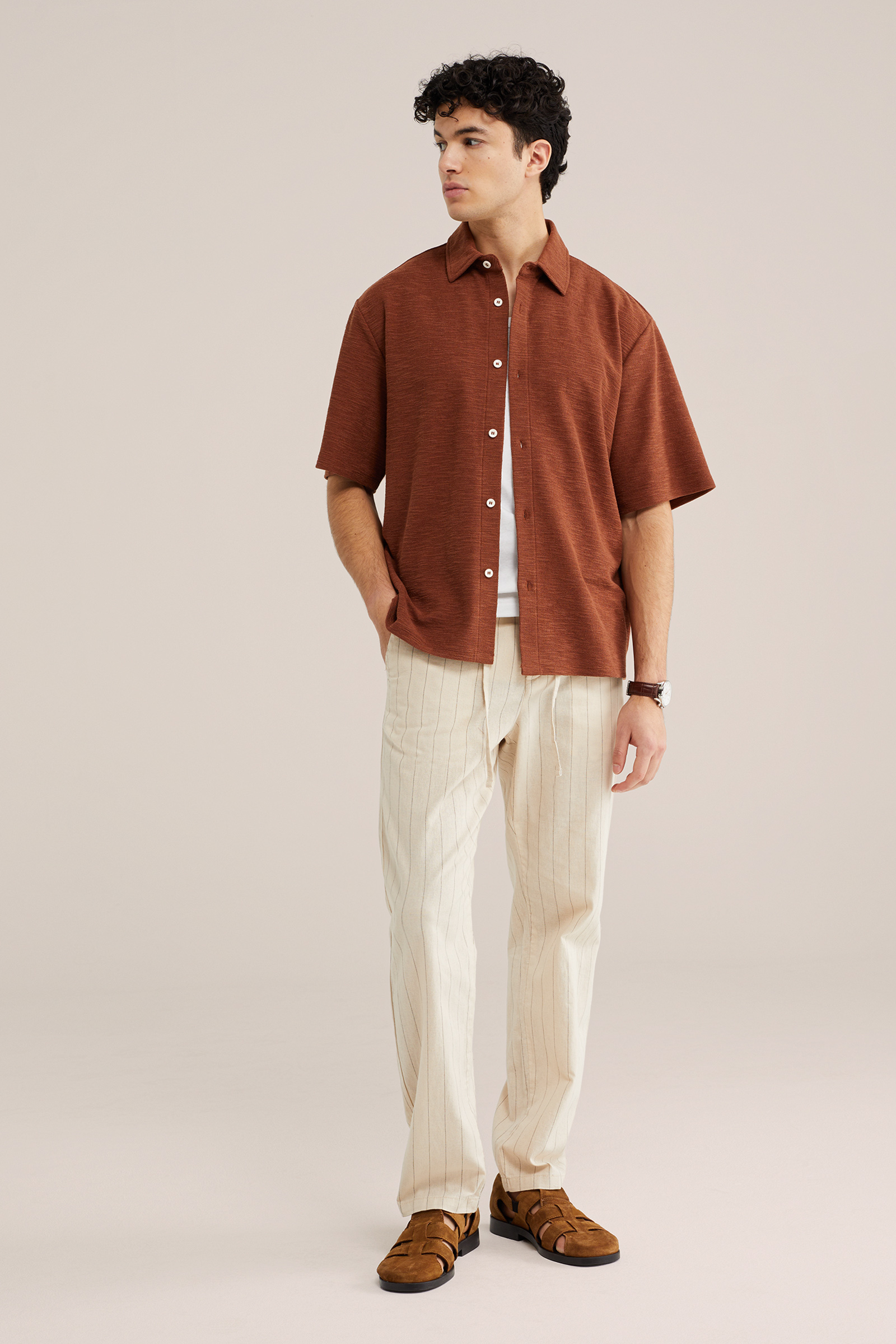 Heren regular fit broek van linnenmix met elastische tailleband