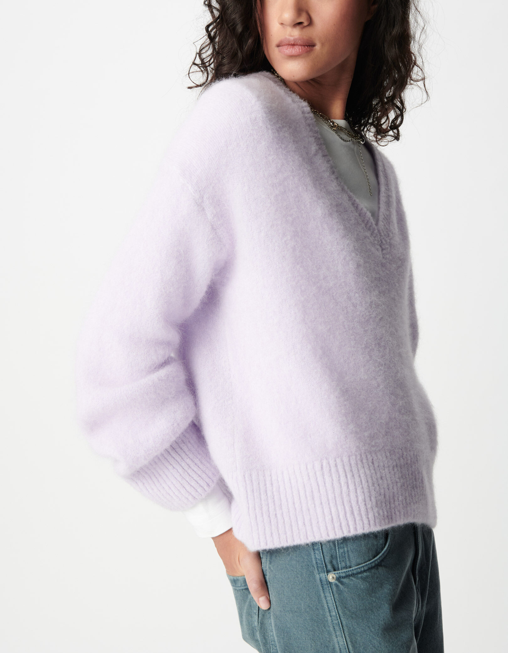 Pull col V lilas tricot mix alpaga Femme
