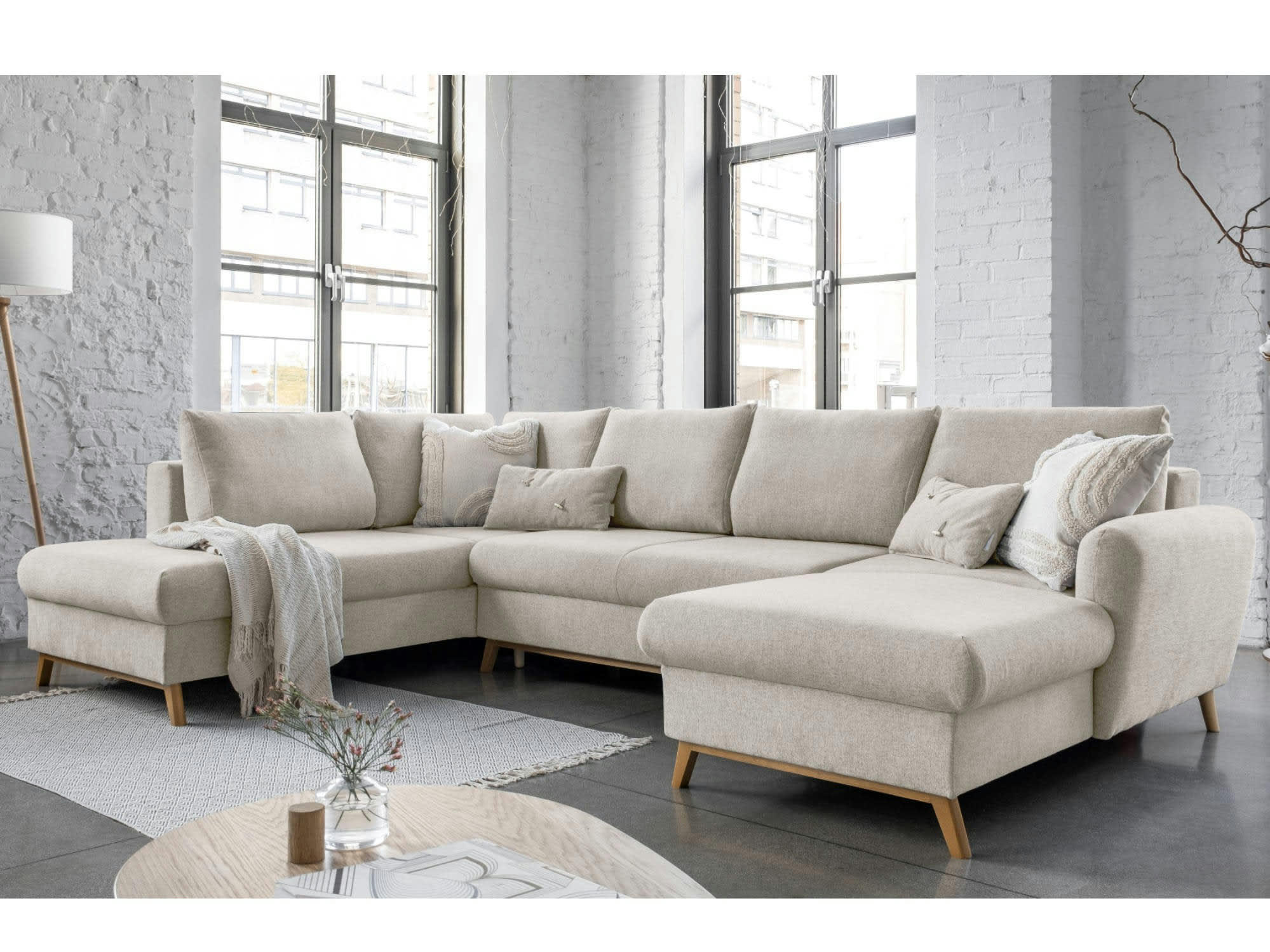 LAGOM - Canapé panoramique 7 places angle gauche en tissu beige