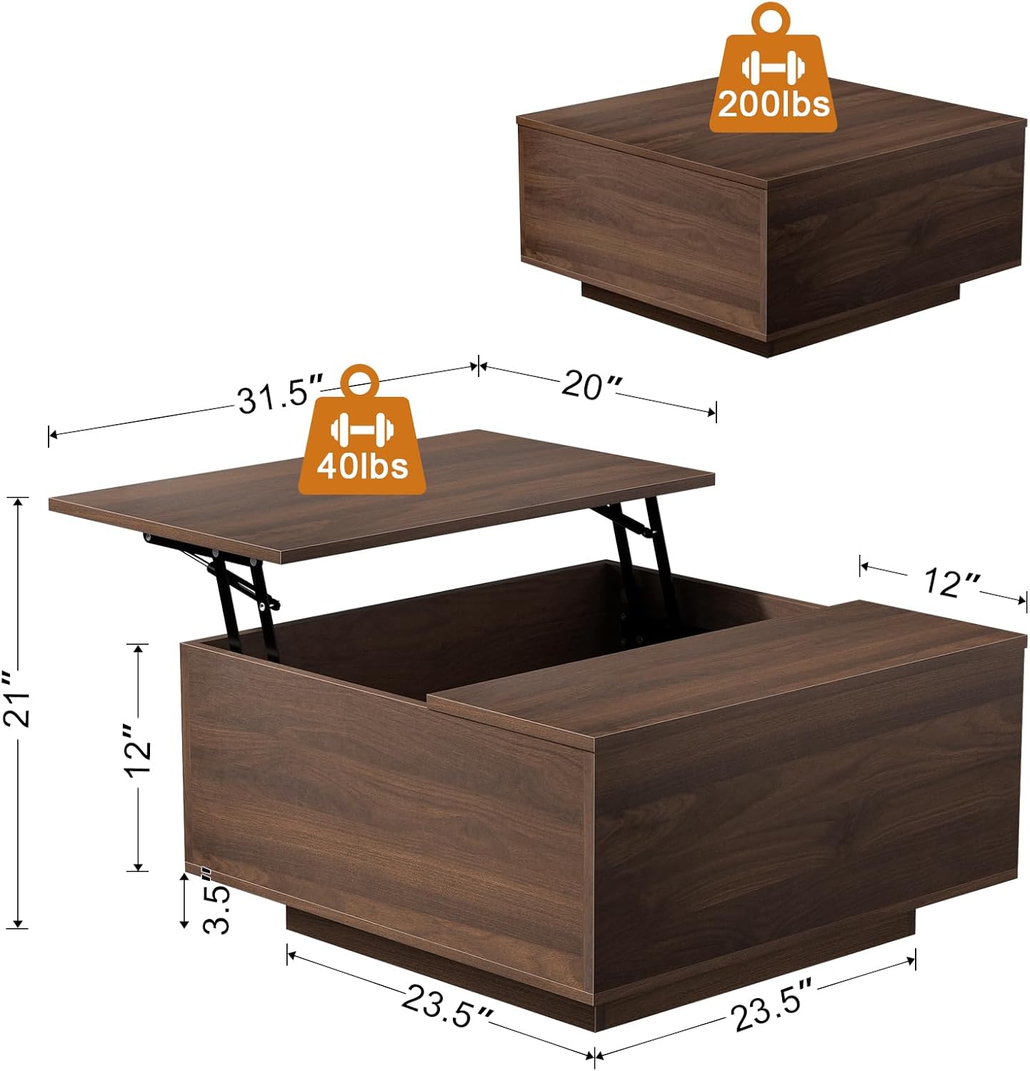 FABATO Lift Top Coffee Table, Wood Square Coffee Table with Storage, Farmhouse Coffee Tables with Hidden Storage Compartment, Center Table with Lifting Tabletop for Living Room, Home Office, Walnut