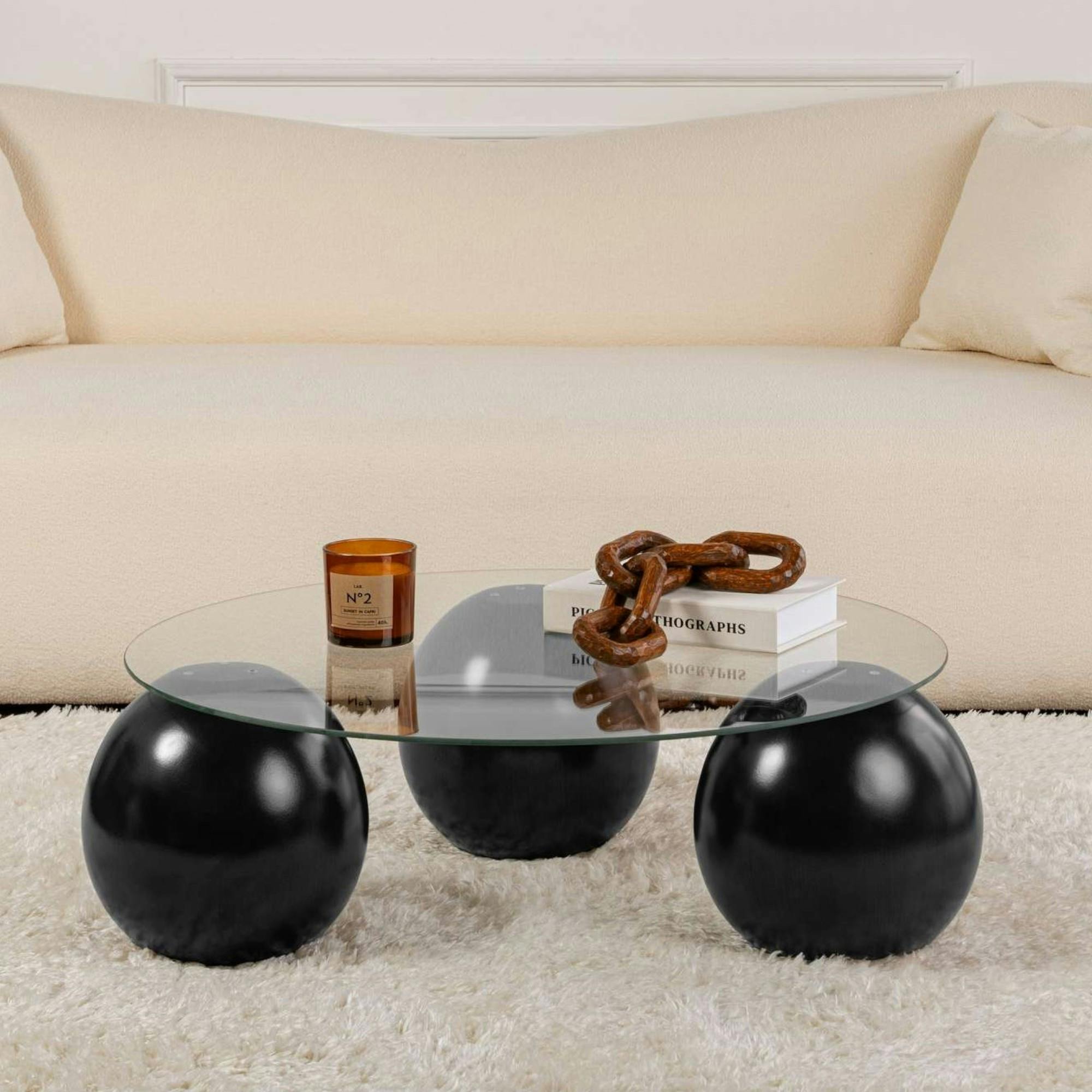 Table basse ronde en verre – 3 pieds boules noirs KOCHI