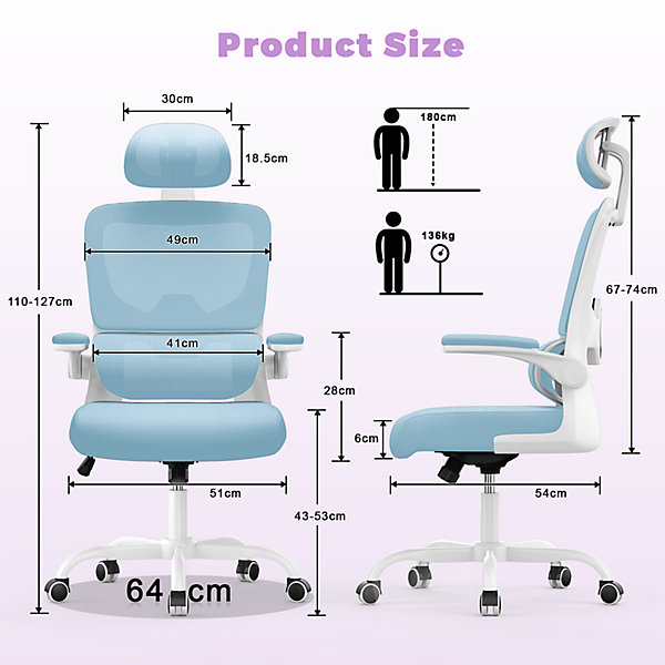 Chaise de Bureau Ergonomique avec Accoudoirs Pliables, Hauteur Réglable, Dossier Respirant
