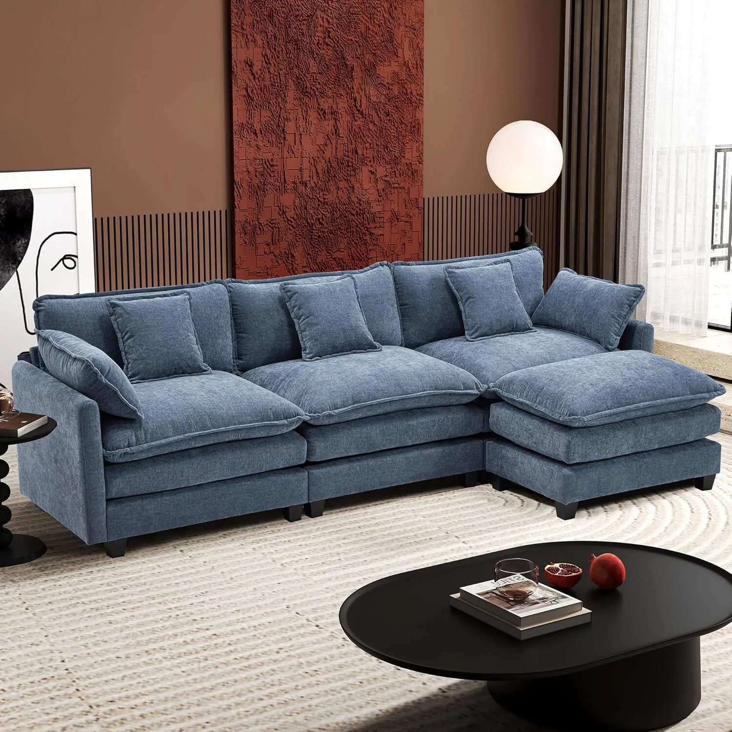 111.4 L-Shaped Cloud Sectional Sofa with Ottoman - 4-Seat Chenille Couch for Living Room