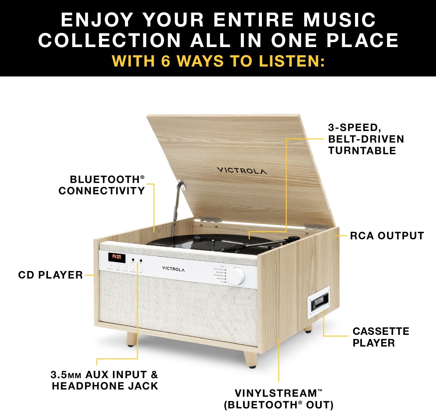 Victrola Century 6-in-1 Vinyl Record Player & Music Center – 3-Speed Turntable, CD & Cassette Player, VINYLSTREAM, Bluetooth & 3.5mm Aux, Record Player with Speakers, Mid Century Design (Walnut)