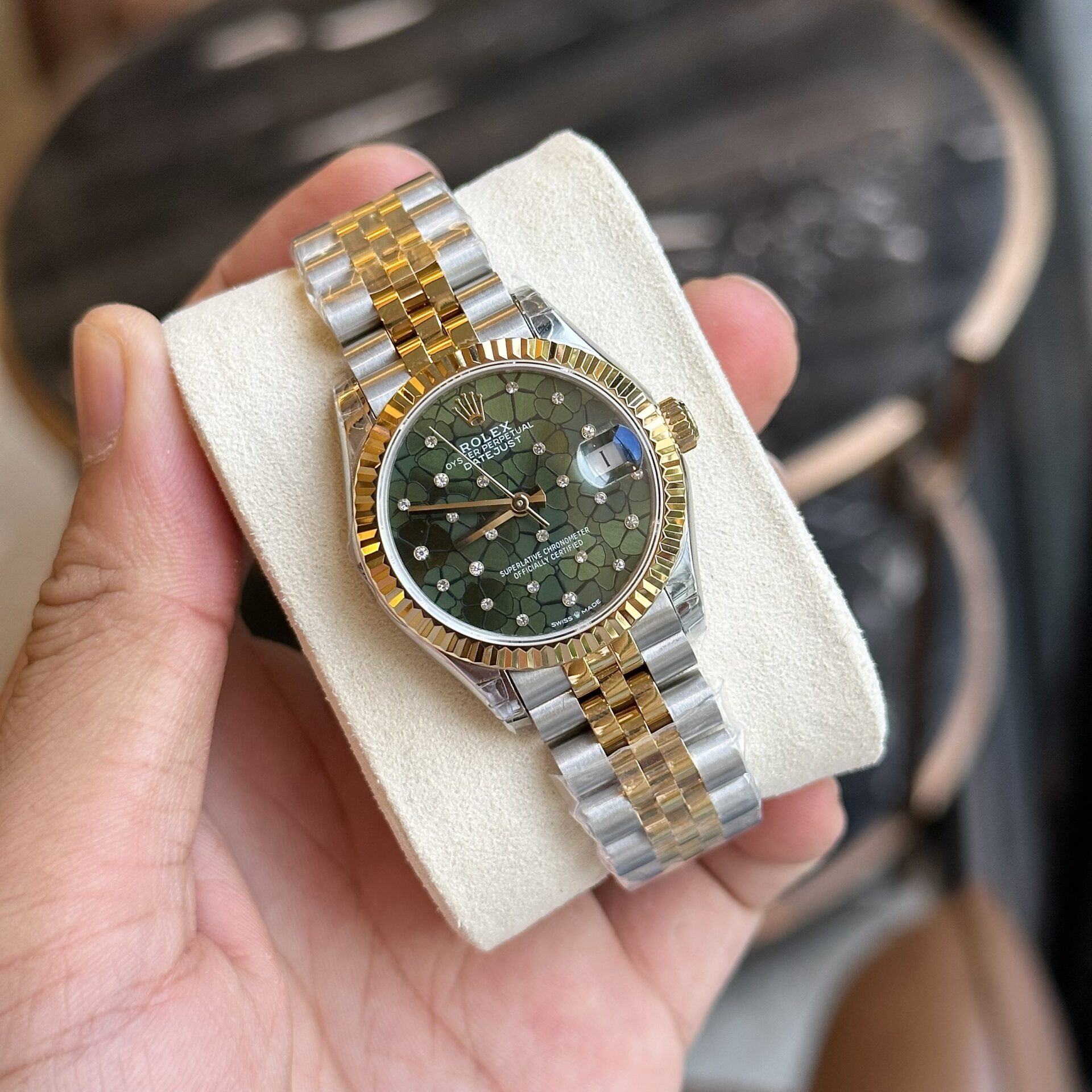 Rolex Datejust SS/YG Plated Green Dial CZ Diamonds 31mm Jub AAA Replica