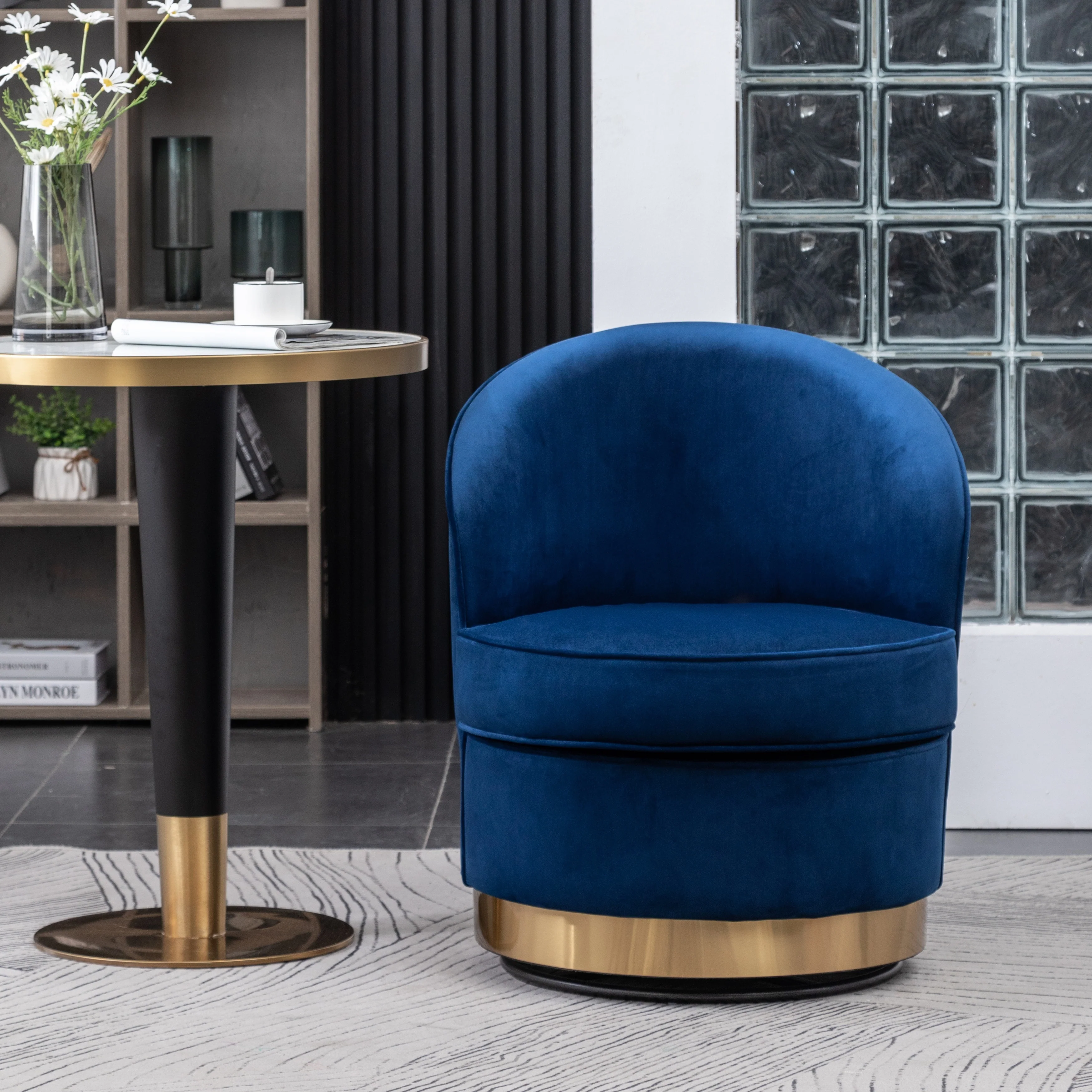 Roundhill Furniture Wania Contemporary Velvet Swivel Chair, Blue