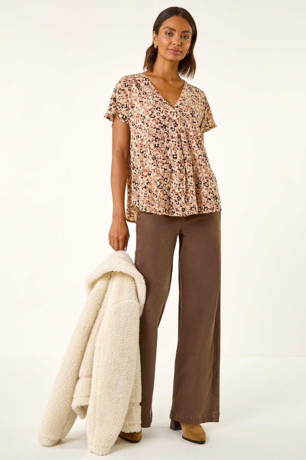 Roman Animal Print V-Neck Pleat Front Top