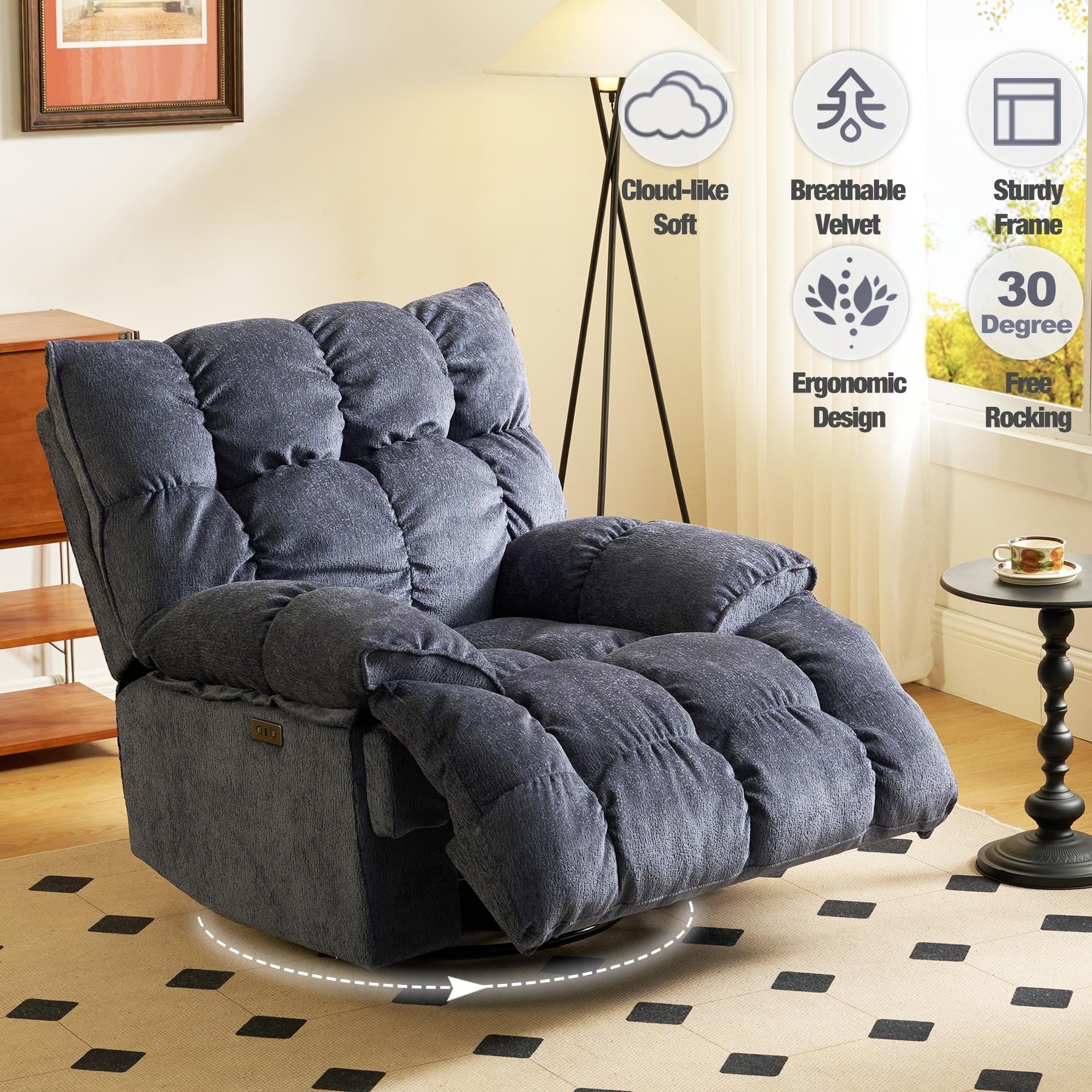360° Swivel Electric Rocker Recliner, Plush High Backrest, Spacious Seat, Multiple Recline Positions for Ultimate Comfort