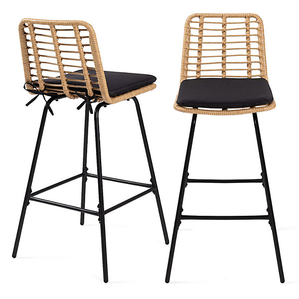 Lot de 2 tabourets de bar SUMMER effet rotin pied métal noir