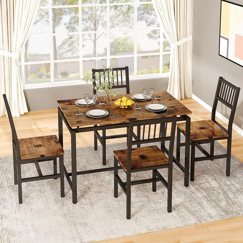 5-Piece Dining Table and Chairs Set, Modern Industrial Dining Table Set, Dinette, Space Saving Dining Set for Small Space, Pub