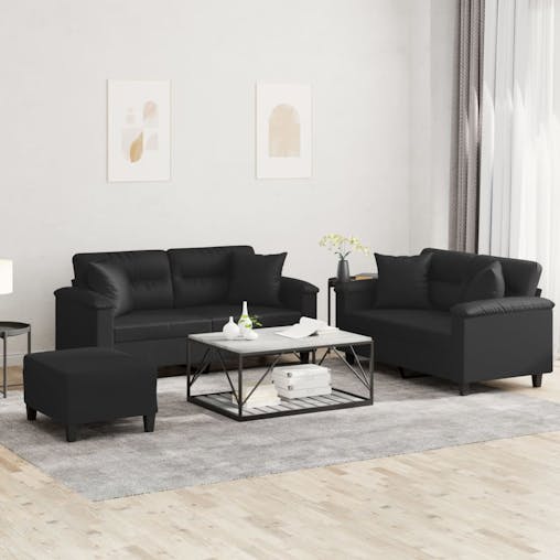 NNEVL 3 Piece Sofa Set with Pillows Black Faux Leather